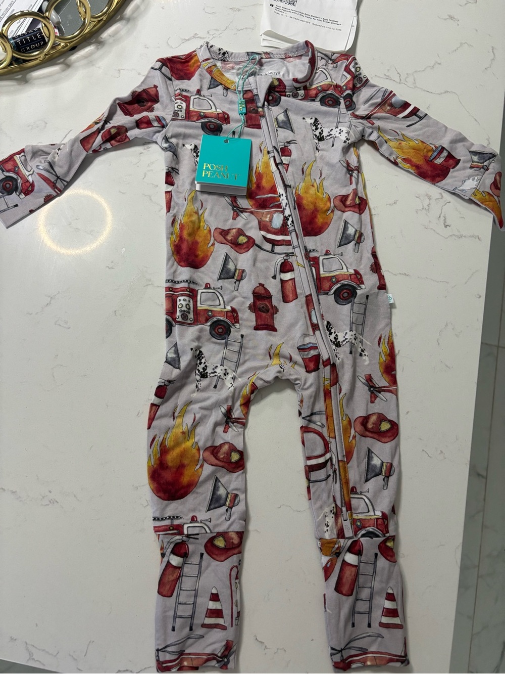 Posh Peanut Firetruck & Flames One-Piece Footie - Red, Yellow, Gray